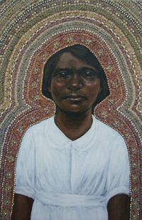Julie Dowling, Icon to a stolen child, Bayadya, Brush, 2017, Acryl, roter Ocker, Plastik auf Leinwand, 46 x 30cm, courtesy of Galerie Seippel, K&ouml;ln